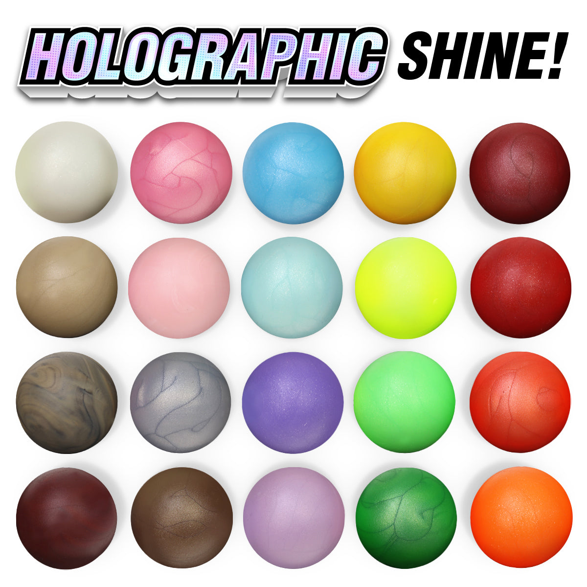 Impact Marble Racing Additional Marble Colors close-up of all 20 holographic shine marbles in a 4x5 grid showing pearl and metallic flake finishes in white, pink, blue, yellow, brown, teal, neon, red, purple, green, and orange