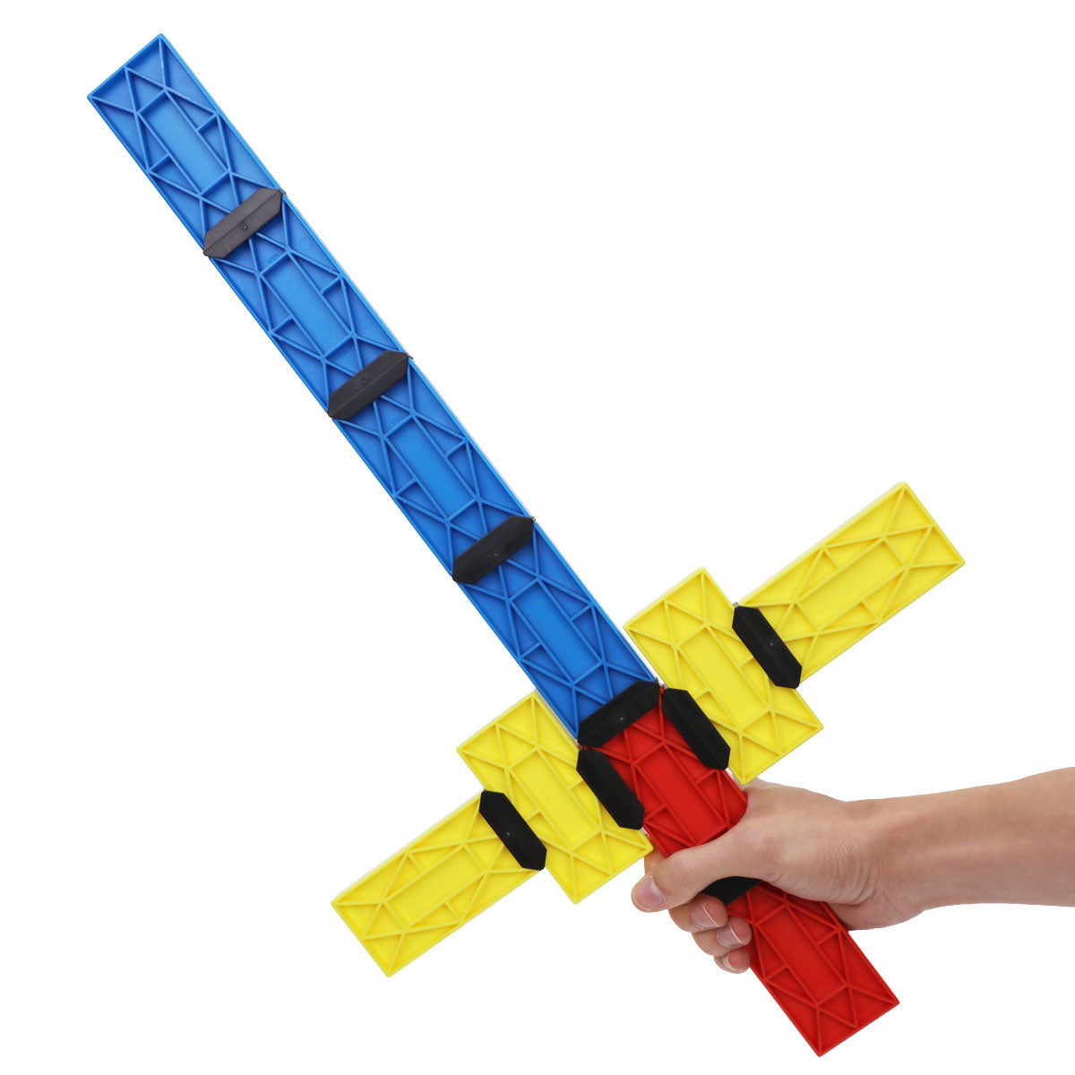 Toy sword built from Blokix building blocks, a blue blade with yellow crossguard and red handle held in hand, a creative STEAM building toy from Atwood Toys
