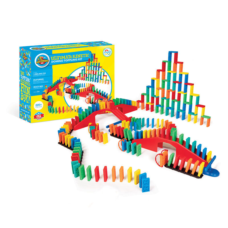 Atwood Toys Bulk Dominoes Ultimate Kinetic Domino Toppling Kit retail box with 200 multi-color Pro-Scale dominoes set up in a chain reaction display with red rapid tracks, spinners, and staircase bridges