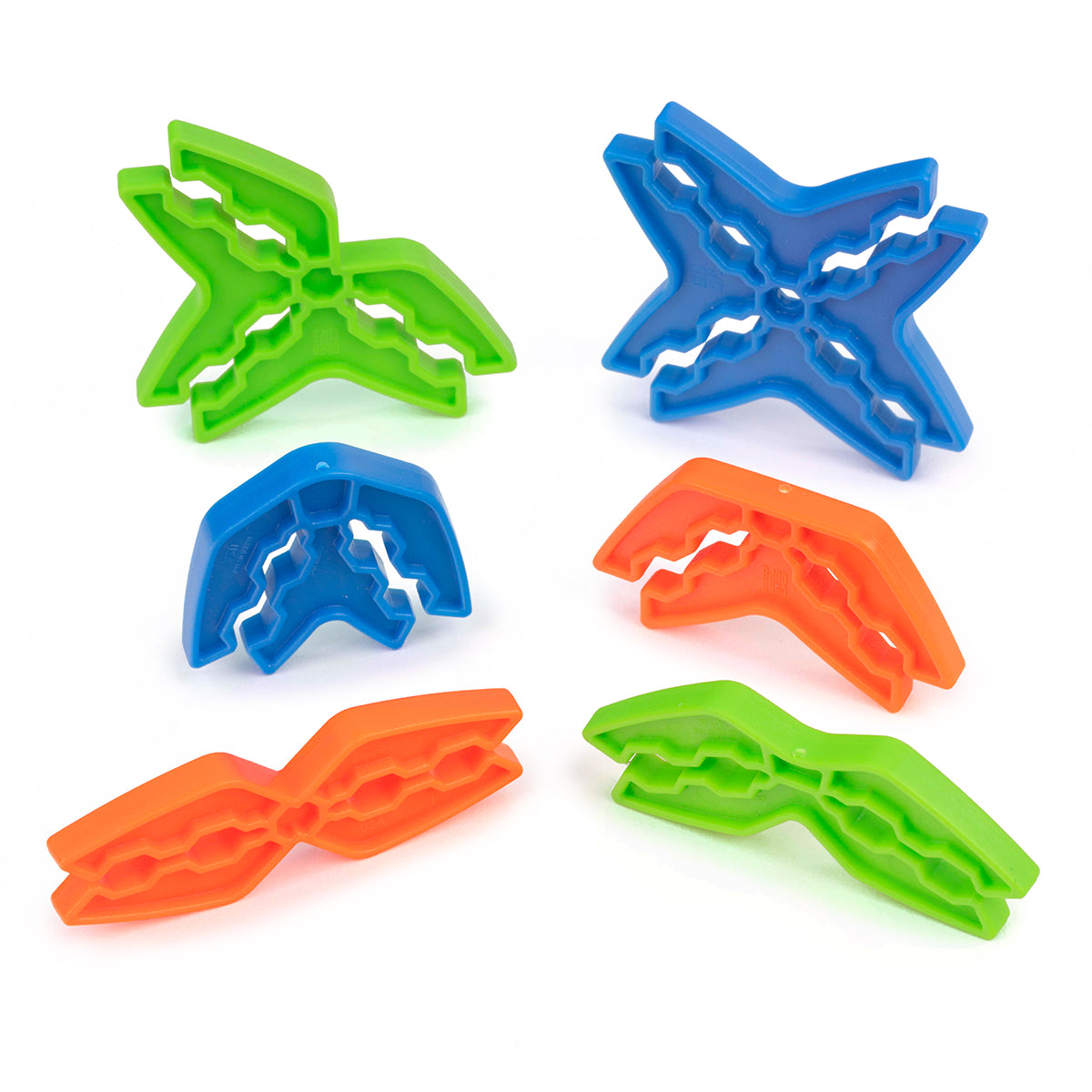 Close-up of six Box Lox Party Pack clip types in orange, green and blue, including straight, V-shape, three-way and X-shape cardboard connectors.