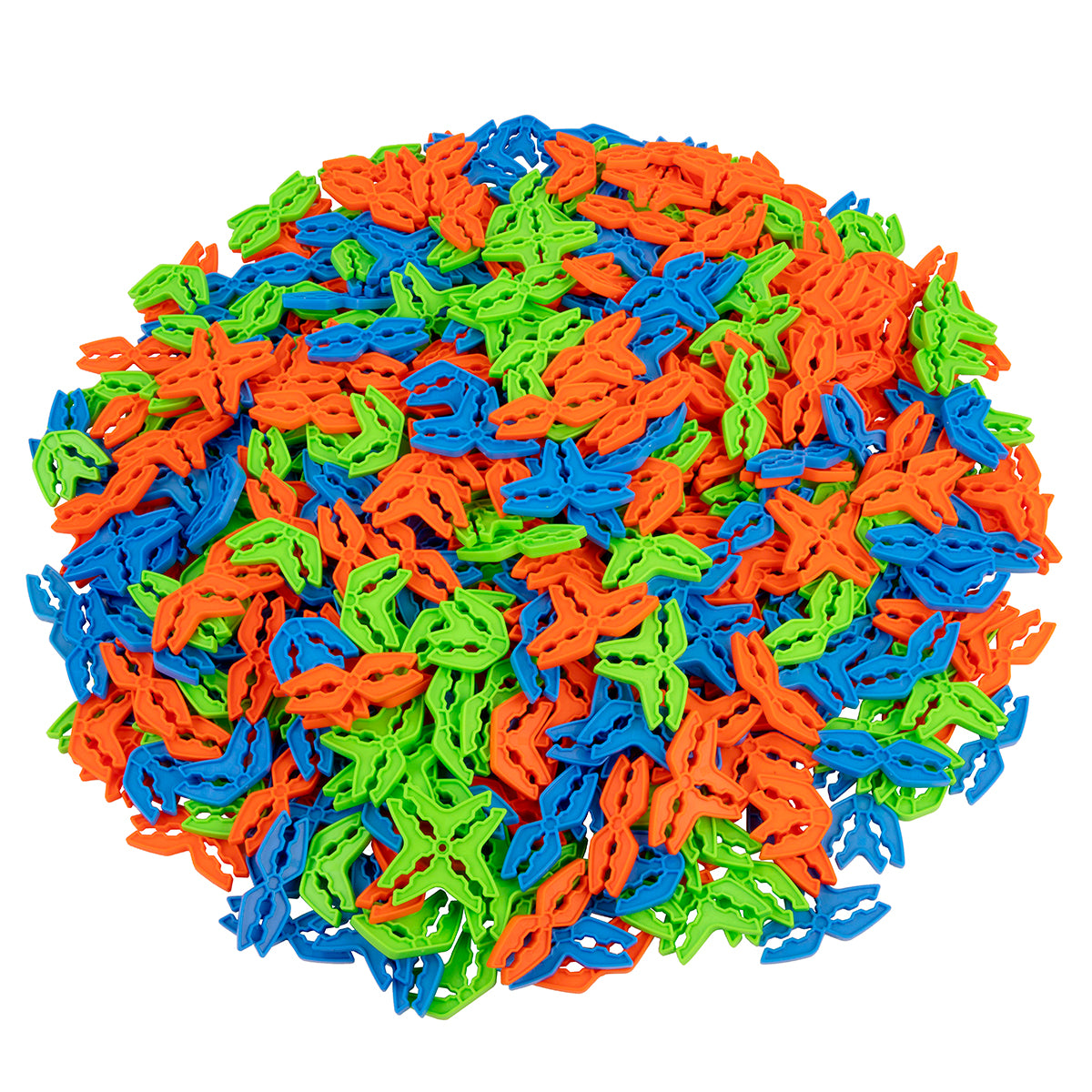 Box Lox Party Pack multi-color cardboard building clips from Atwood Toys, large pile of orange, green and blue connectors arranged in a circle.