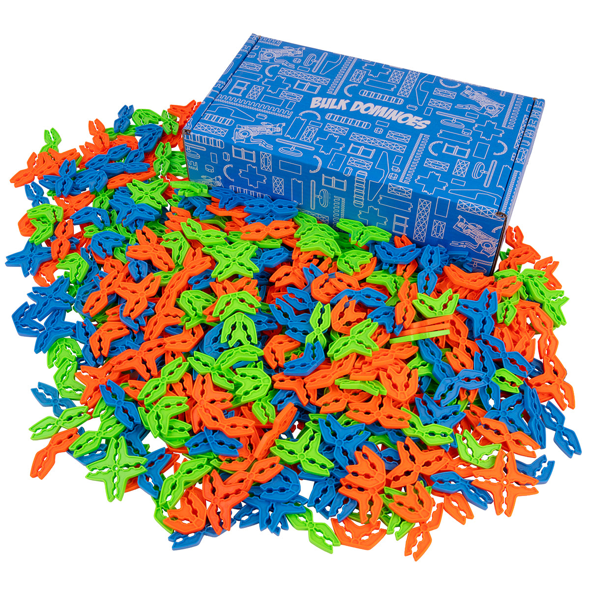 Pile of multi-color Box Lox Party Pack cardboard clips shown with the blue bulk connectors retail box in orange, green and blue.