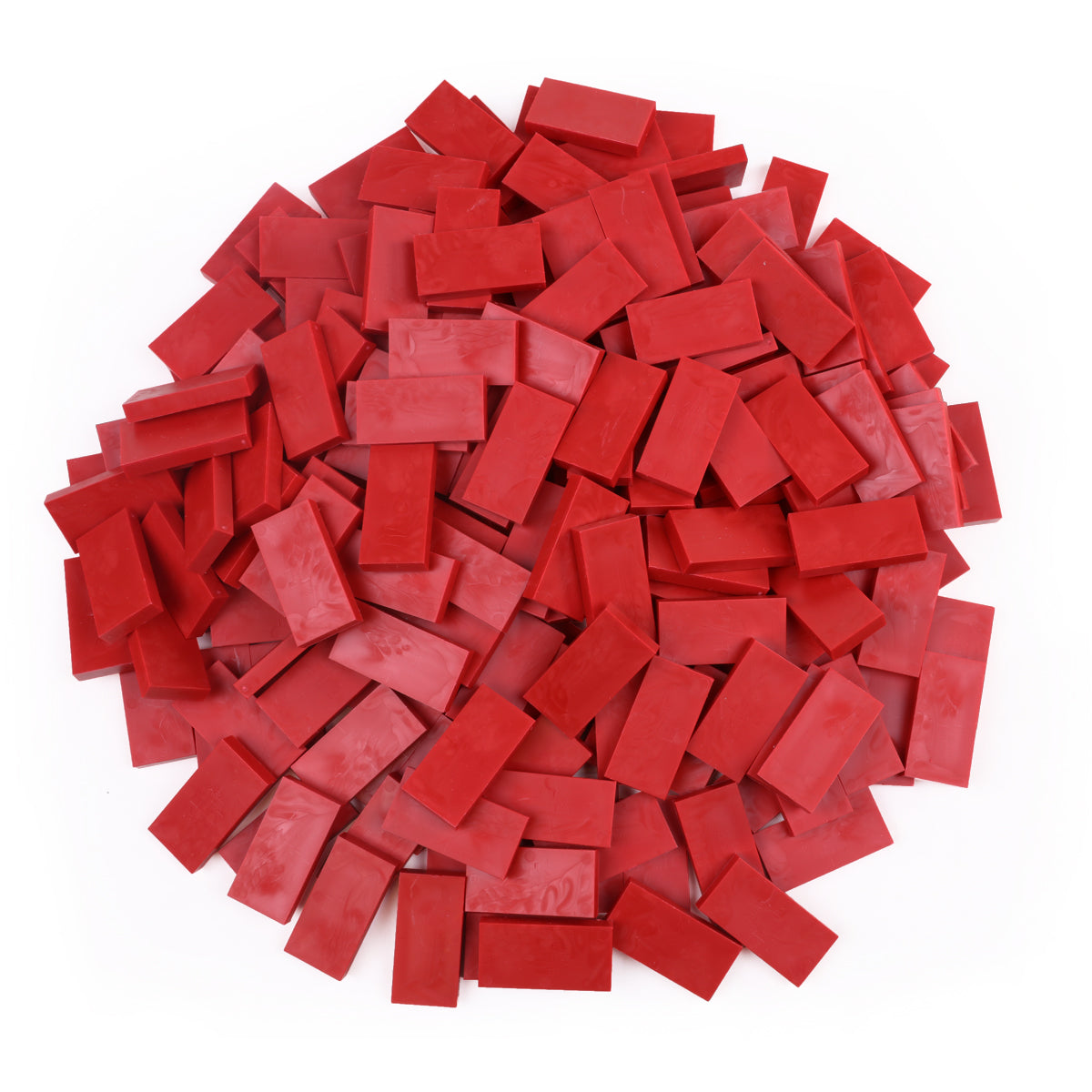 Bulk Dominoes Brick Red Pro Dominoes from Atwood Toys, a top-down pile of deep marbled brick red full-weight toppling dominoes for chain reactions and domino art.