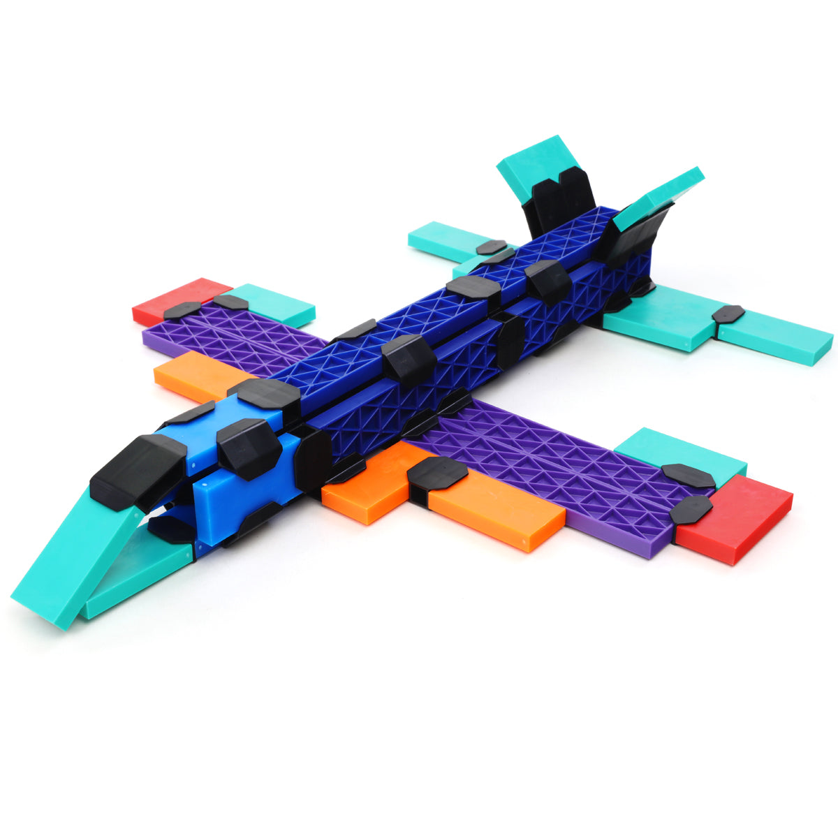 Jet airplane model built from the Atwood Toys Constructix Creative Explorer set with purple, blue, teal, orange, and red wings and fuselage connected by black clips