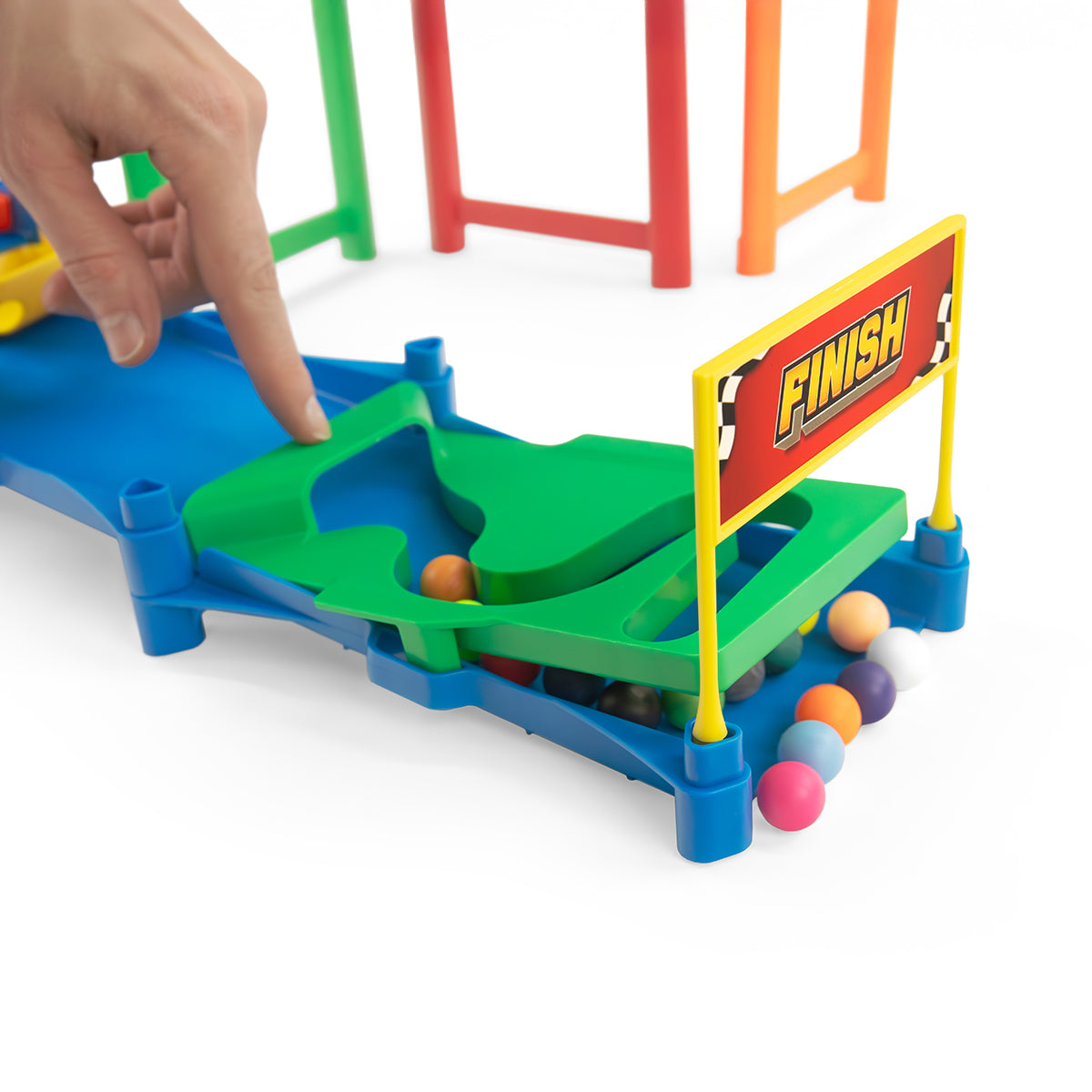 IMR Circuit Overdrive finish line gate with marbles crossing on green track section