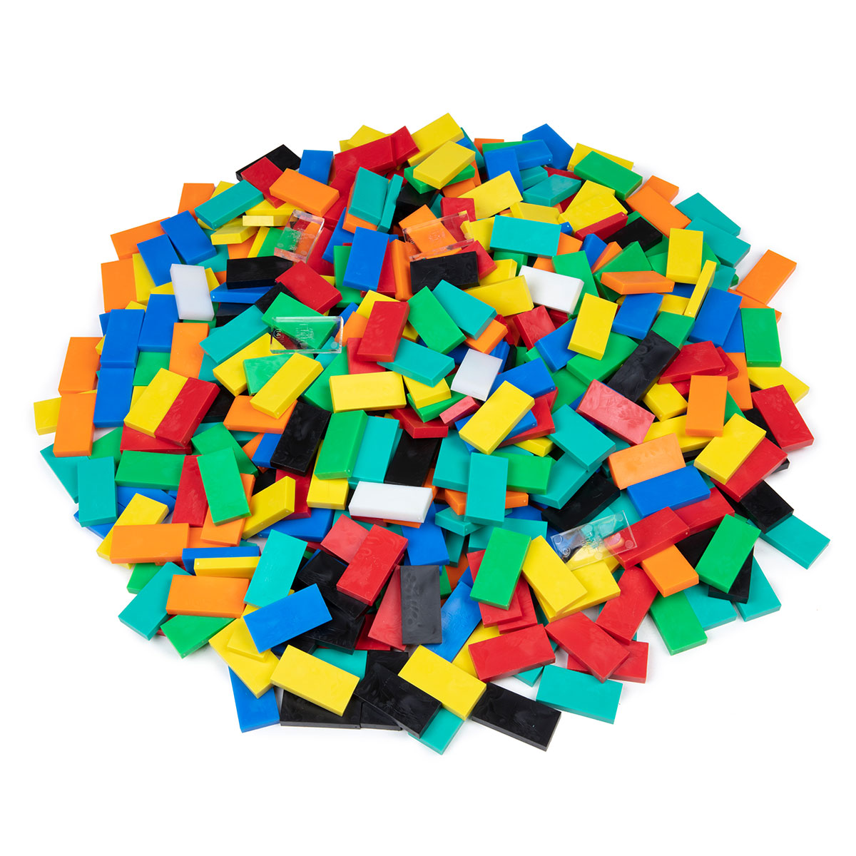 Atwood Toys Bulk Dominoes Ultra Super Galactic Kit Classic Mix in red, blue, yellow, green, orange, black, white, and teal toppling dominoes piled together for stacking and domino art