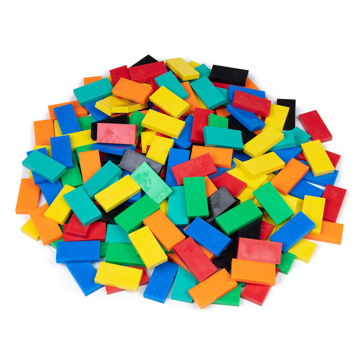 Atwood Toys Bulk Dominoes Classic Mix, classic-color toppling dominoes in red, blue, yellow, green, orange, black, and teal scattered in a pile for domino art and stacking builds