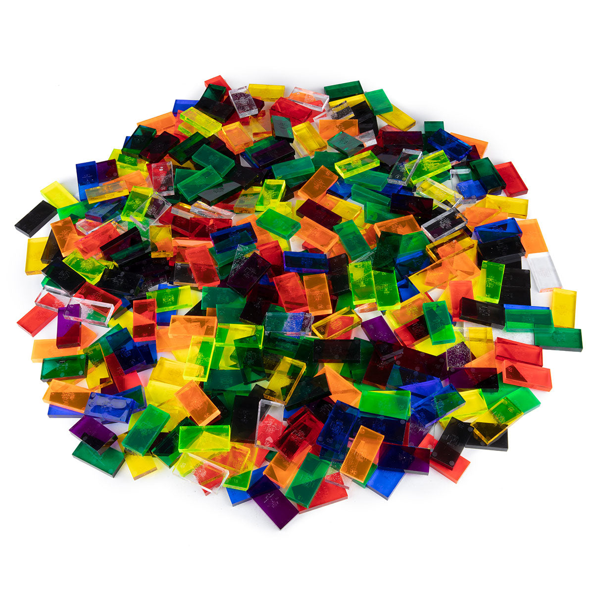 Atwood Toys Bulk Dominoes Ultra Super Galactic Kit clear assorted Pro Dominoes in translucent red, orange, yellow, green, blue, and purple for layered builds and chain reactions