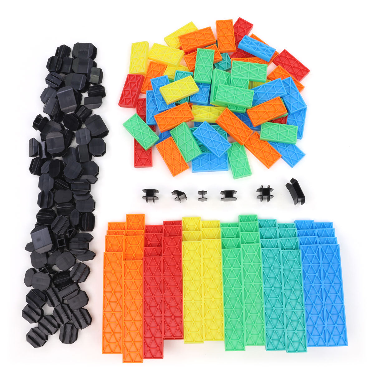 Atwood Toys Constructix Creative Explorer 188-piece building set laid out flat with black connector clips, multicolored Kinetic Dominoes in red, blue, green, yellow, and orange, and matching planks