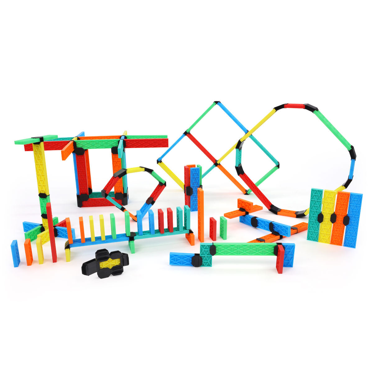 Multiple builds made from the Atwood Toys Constructix Creative Explorer set, including geometric frames, towers, and domino runs in red, blue, green, yellow, and orange clips and planks