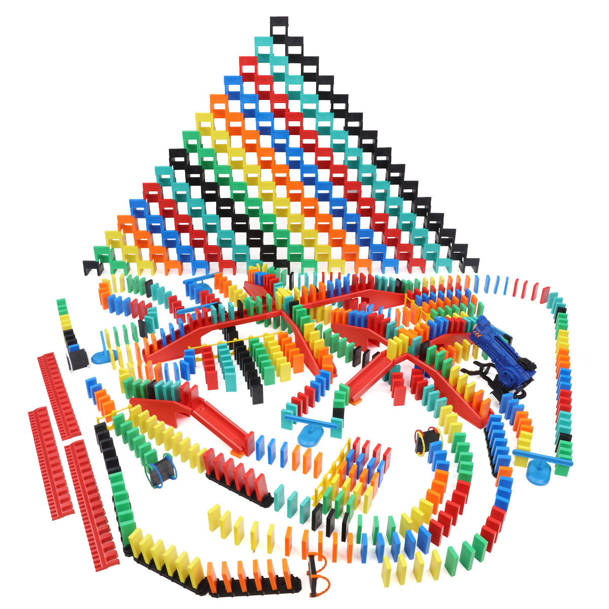 Atwood Toys Bulk Dominoes Pro Master Builder Kit large multi-color domino pyramid build with red bridges, blue BD5000 Launcher, Domino Arcs, splitters, and Pro-Dominoes accessories