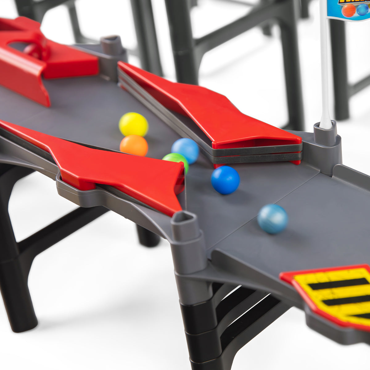 IMR Grand Prix Redline close-up of red bumper sections on gray track with colorful marbles bouncing between lanes