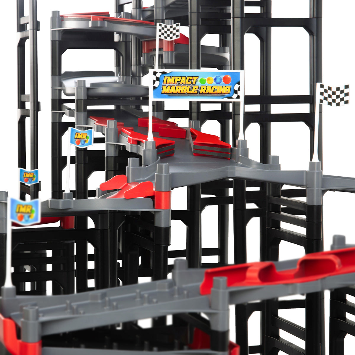 IMR Grand Prix Redline medium shot showing multi-level tower structure with gray spiral track sections, red bumper pieces, Impact Marble Racing banner, checkered flags, and IMR logo flags at multiple levels