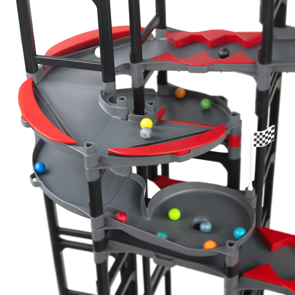IMR Grand Prix Redline close-up of gray spiral funnel sections stacked across multiple levels with colorful marbles mid-race on curved track, checkered flag and red accent pieces throughout