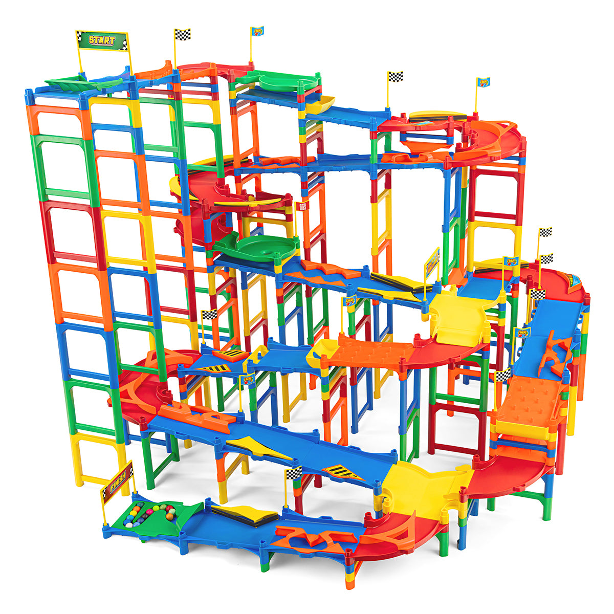IMR Grand Prix Overdrive fully assembled multi-level marble racing track with colorful support structure, funnels, bumpers, and checkered flags