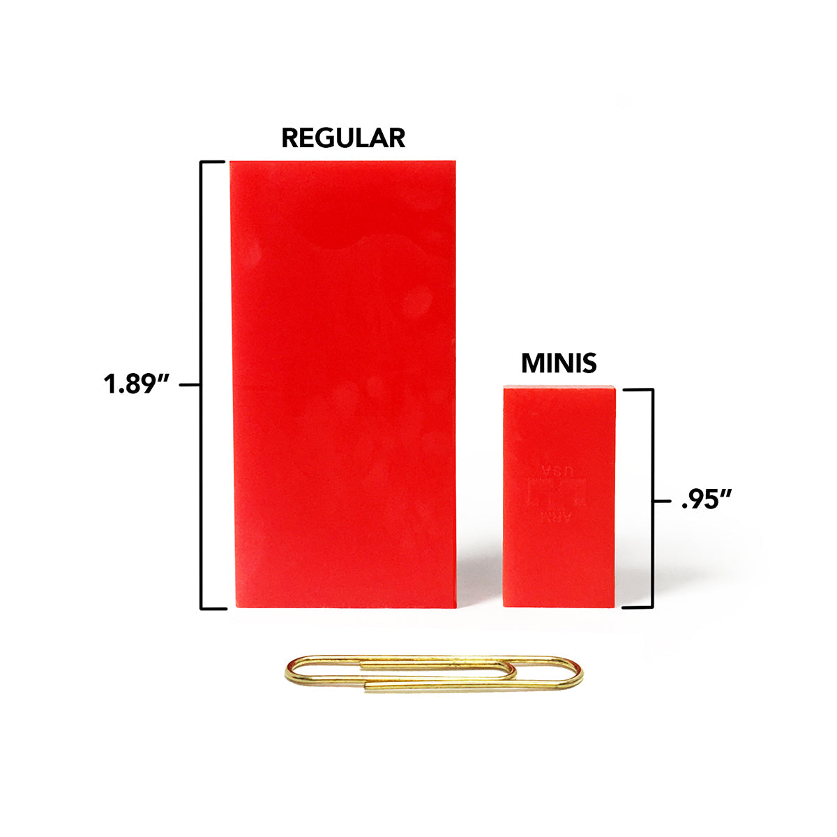 Size comparison of Bulk Dominoes Mint Pro Dominoes from Atwood Toys, showing a tall 1.89-inch Regular domino beside a short 0.95-inch Mini domino with a gold paperclip for scale.
