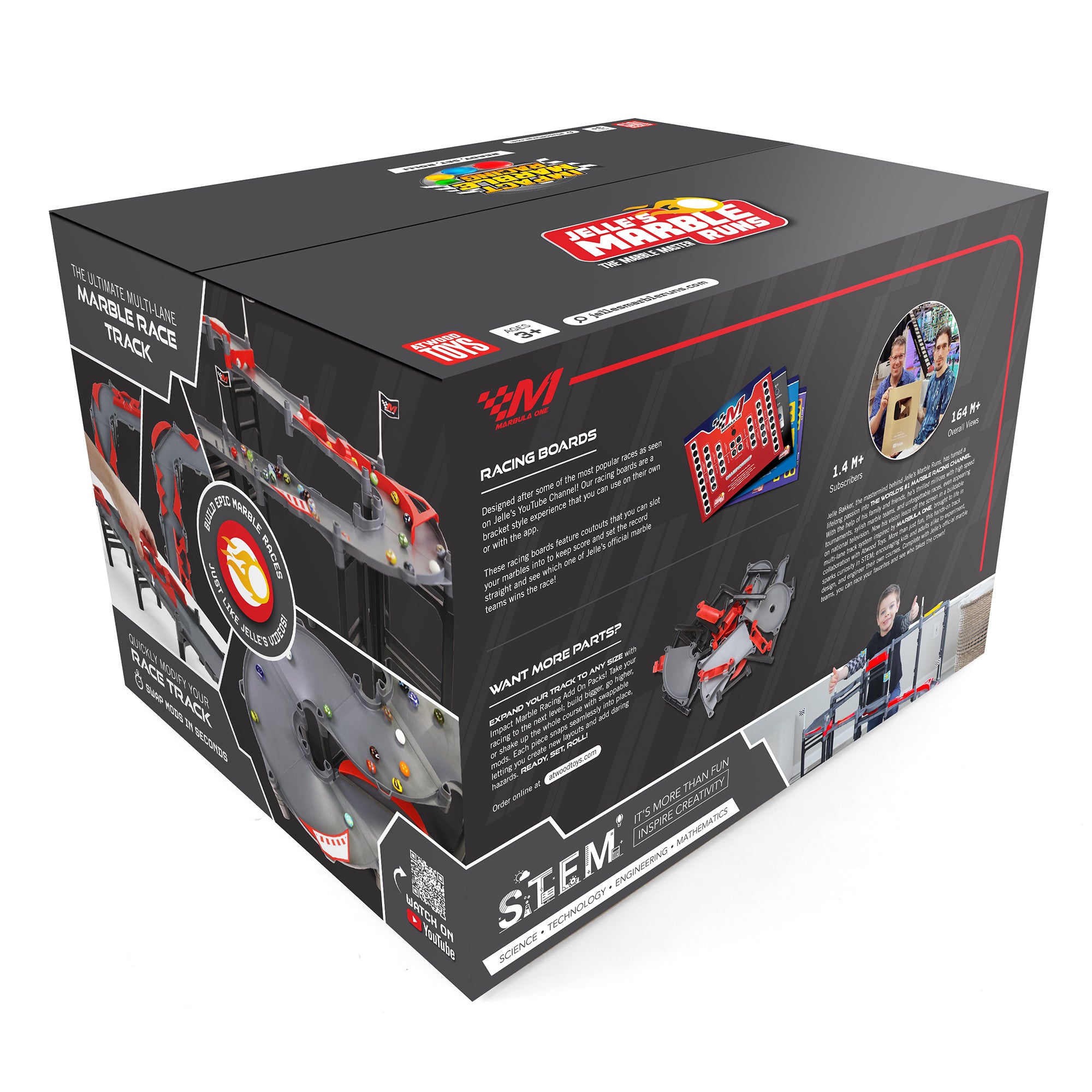 Jelle's M1 Hyper Loop retail box back showing racing boards, STEM callout, Jelle Bakker photo, Marbula One branding, track features, and add-on expansion details