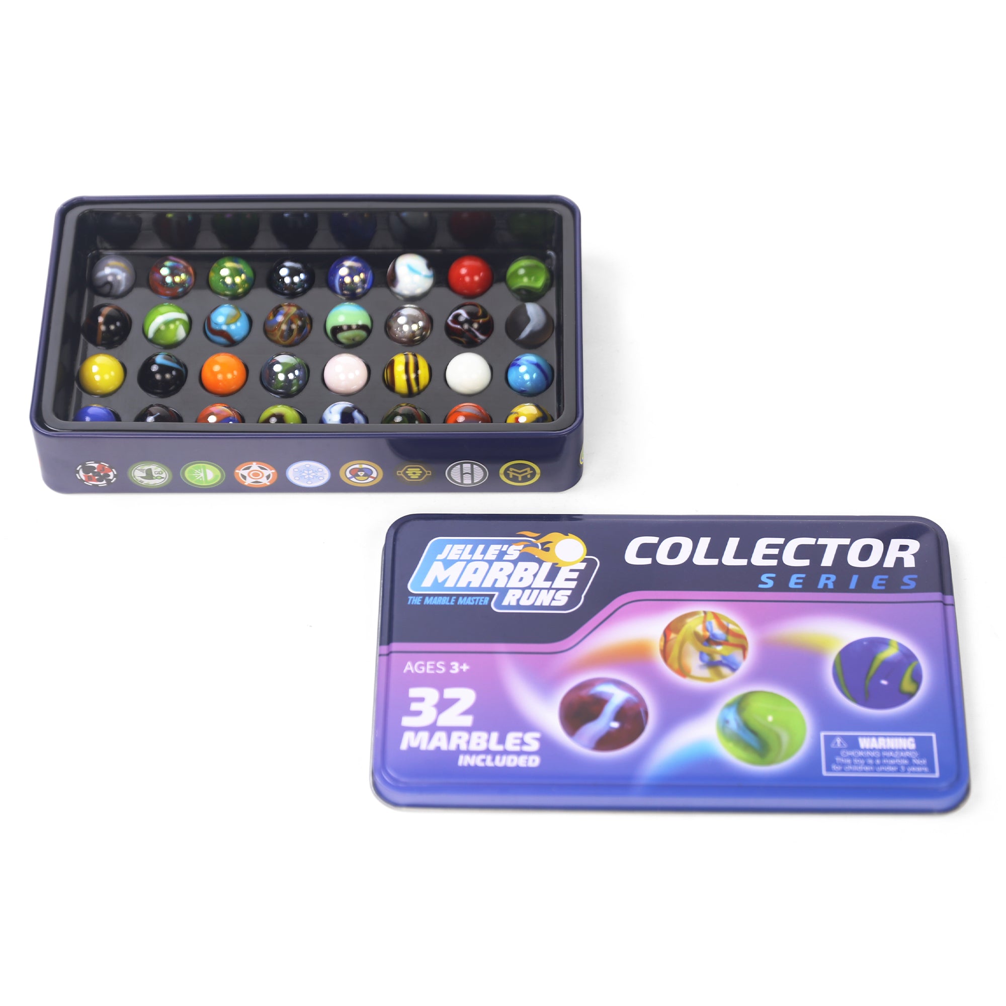 Jelle's Marble Runs Collector Series tin open showing 32 official glass team marbles in individual slots with branded tin lid beside it