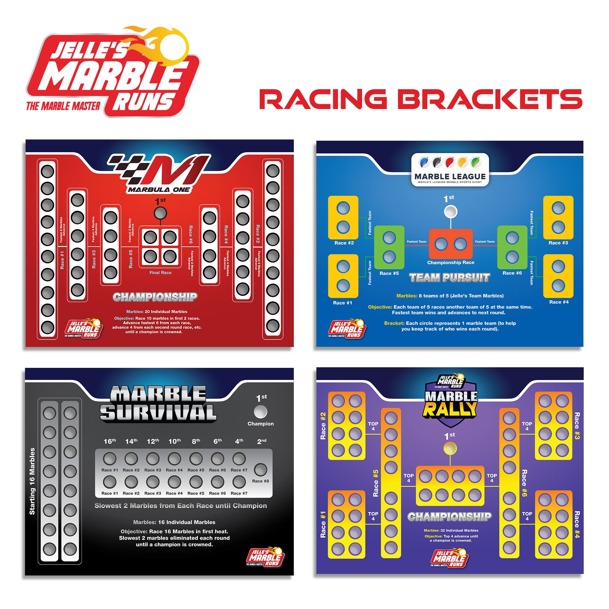 Jelle's Marble Runs racing bracket score cards showing four game modes: Marbula One Championship, Marble League Team Pursuit, Marble Survival, and Marble Rally