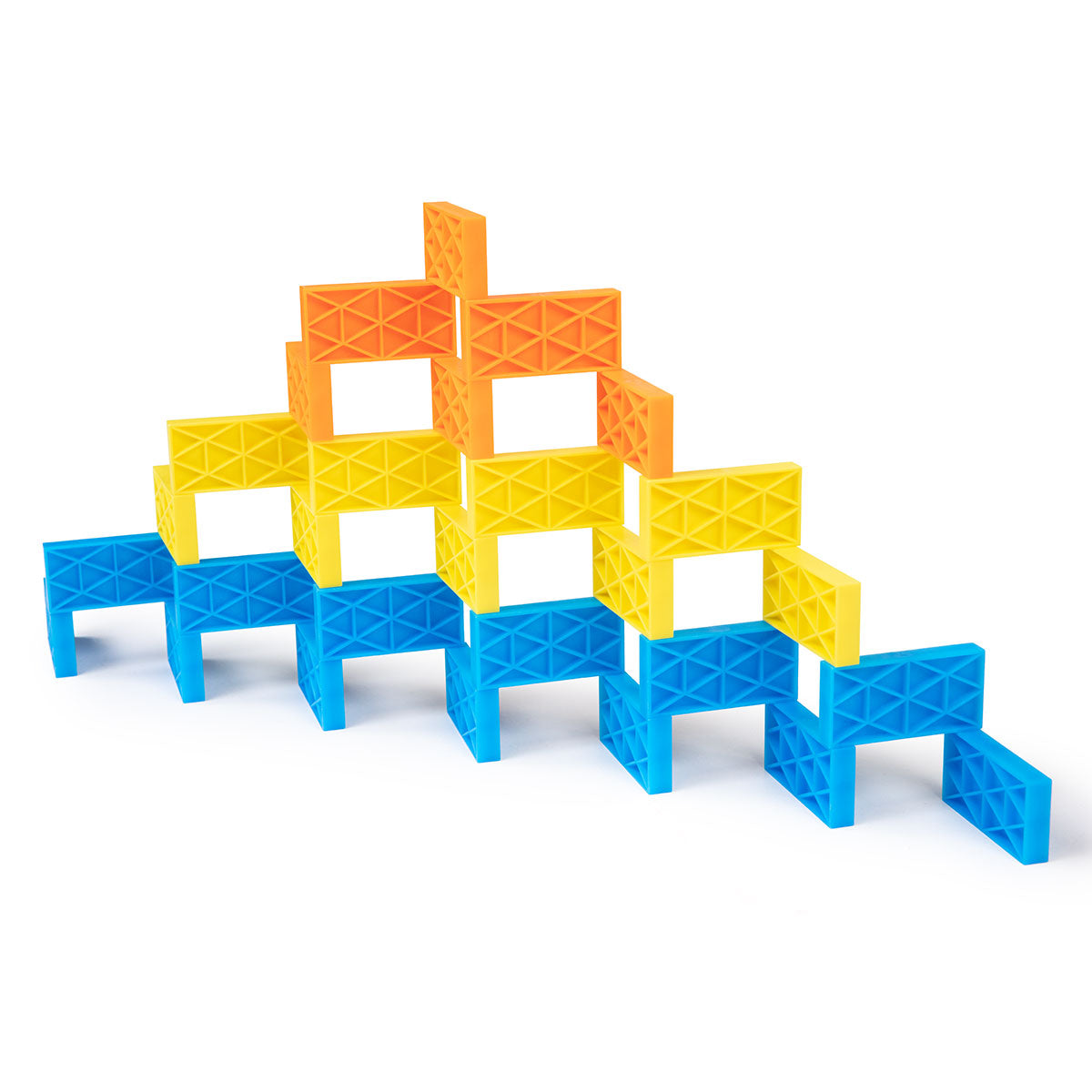 Atwood Toys Bulk Dominoes 331 Piece Kinetic Domino Toppling Kit Pro-Scale dominoes stacked in a blue, yellow, and orange step pyramid build