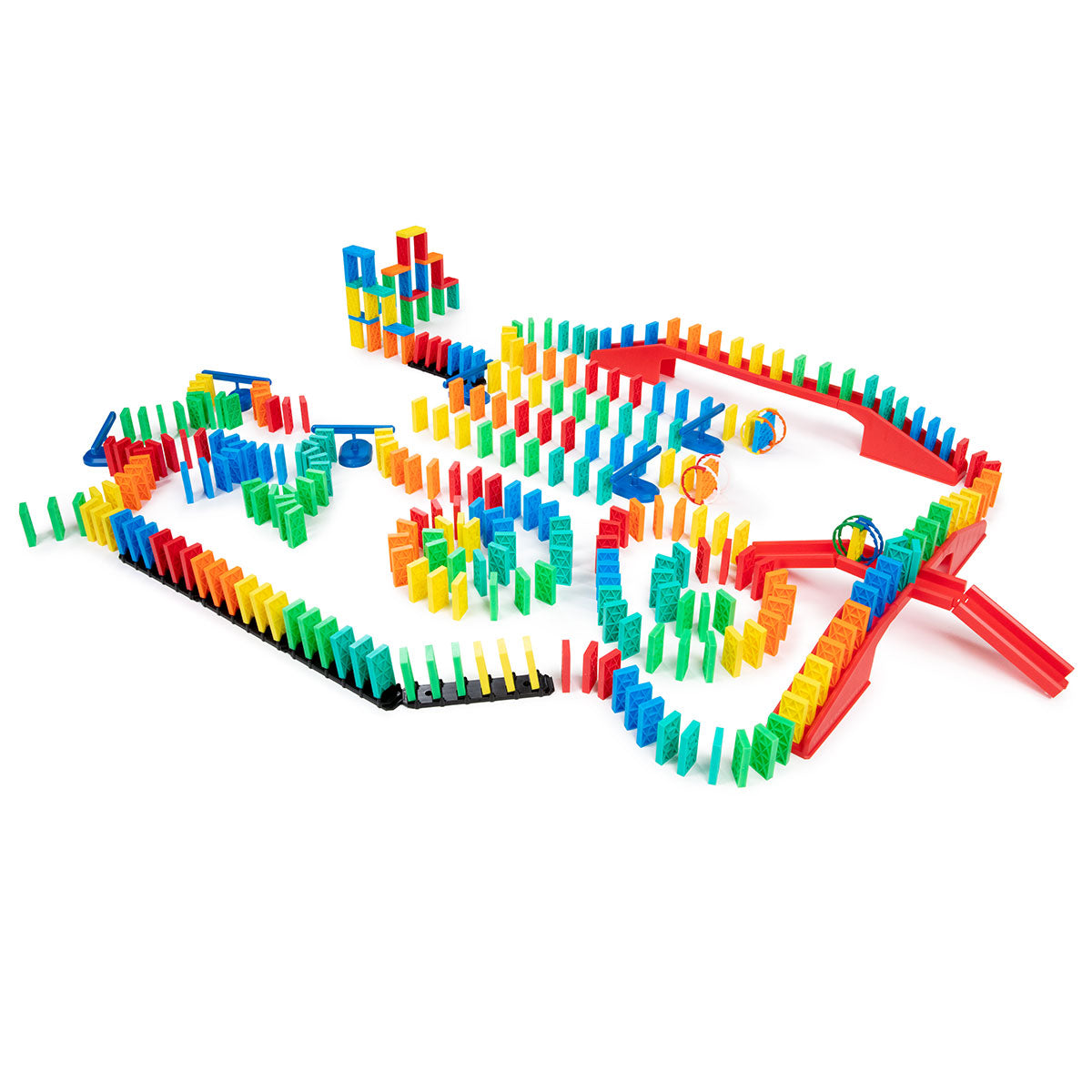 Atwood Toys Bulk Dominoes 331 Piece Kinetic Domino Toppling Kit setup with multi-color Pro-Scale dominoes, red staircase bridges, blue spinners, and rolling Domino Arcs in a chain reaction layout
