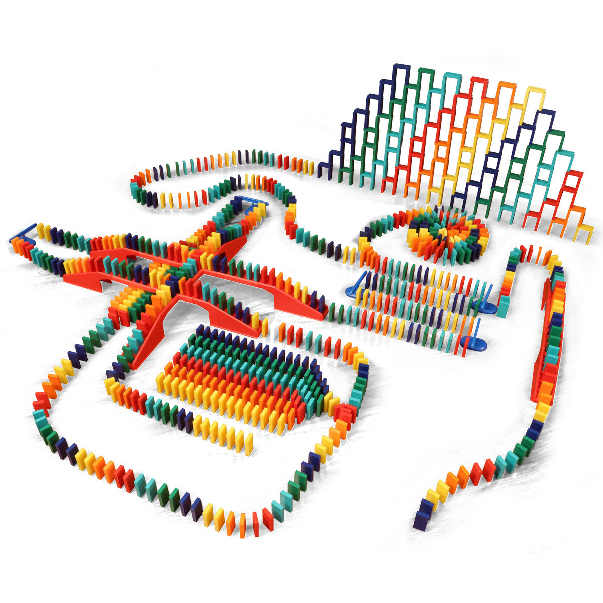 Bulk Dominoes Master Builder Kit full setup on white background with 1,000 colorful Pro Dominoes arranged in chain reaction paths, red bridges, stacked domino walls, and splitter sections