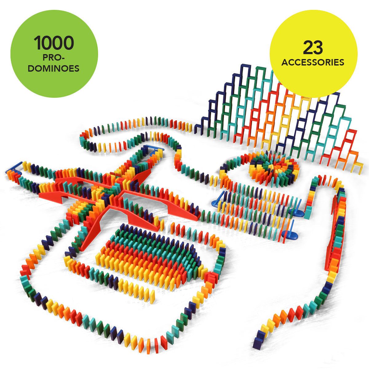 Bulk Dominoes Master Builder Kit full setup on white background with green badge showing 1000 Pro Dominoes and yellow badge showing 23 Accessories, colorful domino chains, red bridges, and stacked walls