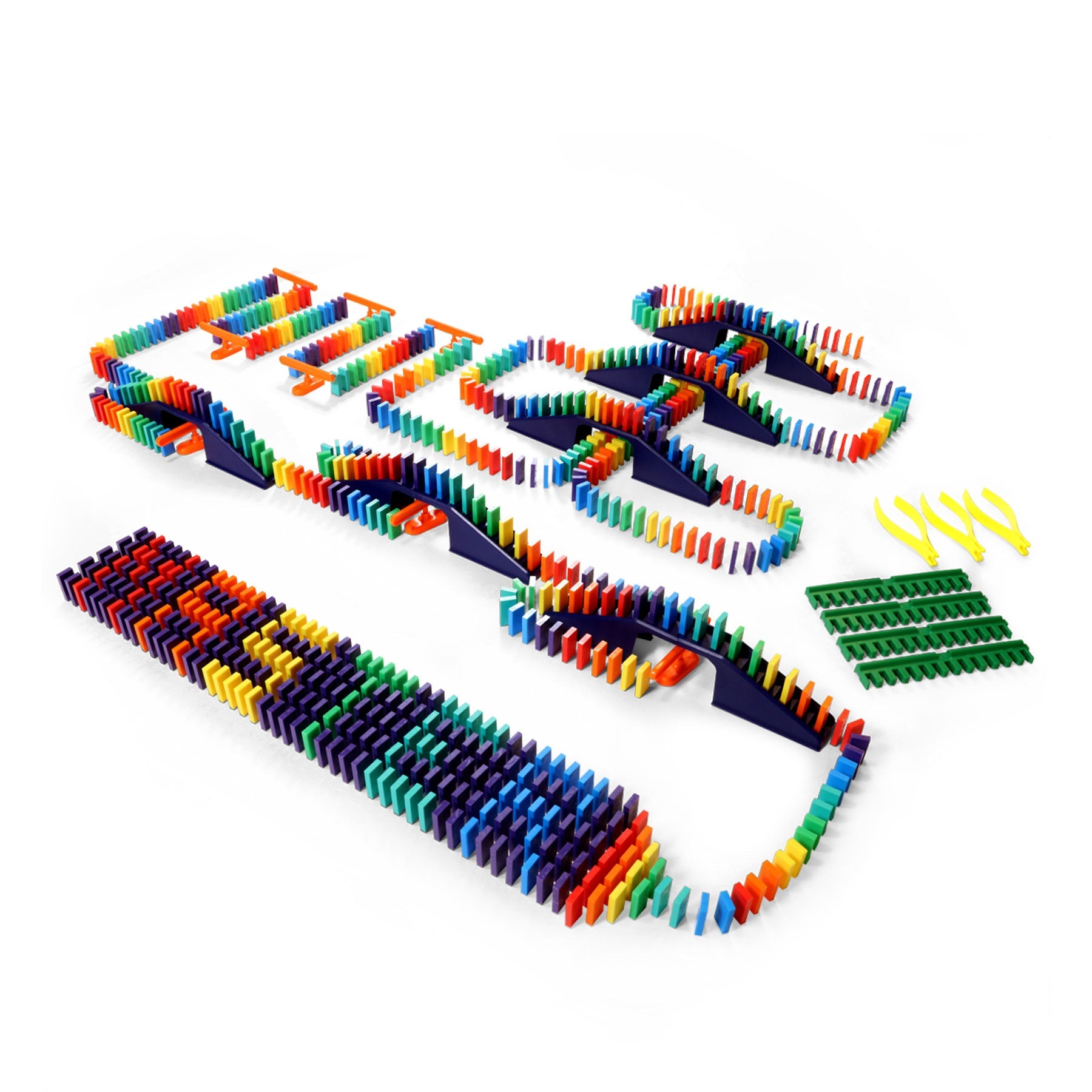 Bulk Dominoes Mini Master Kit from Atwood Toys with 700 rainbow Mini Dominoes, navy blue bridges, ramps, green kinetic speed templates, and yellow tweezers.