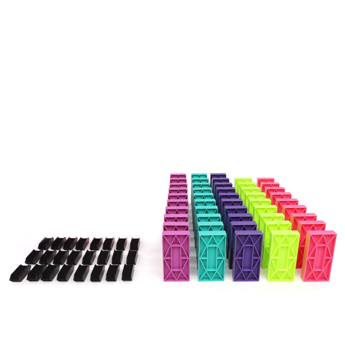 Rows of pink, purple, teal, and green Blokix building blocks with black connector clips showing the bright colors and large size of the interlocking blocks