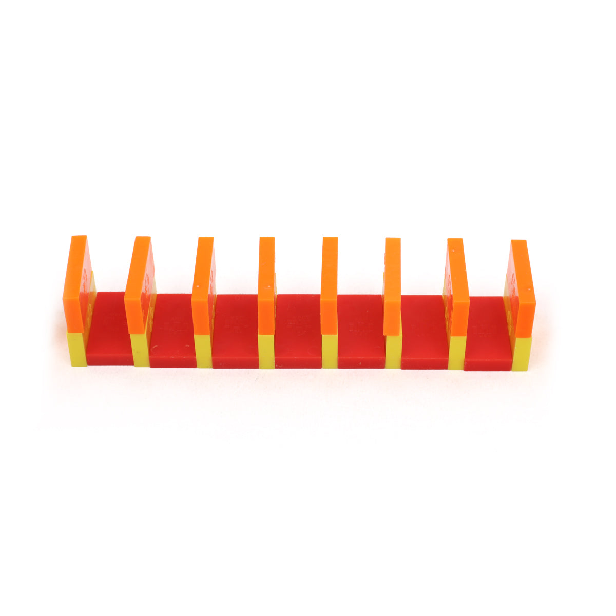 Column build technique using red, orange, and yellow Bulk Dominoes Mini Dominoes from the Mini Master Kit, demonstrating advanced stacking.