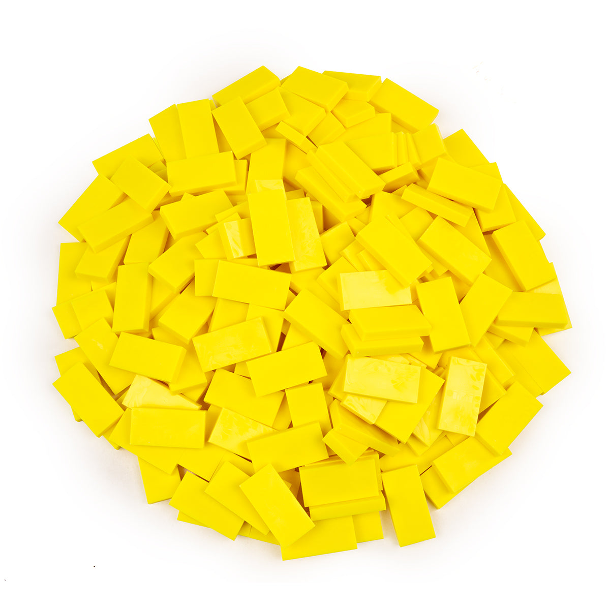 Bulk Dominoes Neon Yellow Pro Dominoes from Atwood Toys, a pile of vibrant neon yellow full-weight toppling dominoes for chain reactions and domino art.