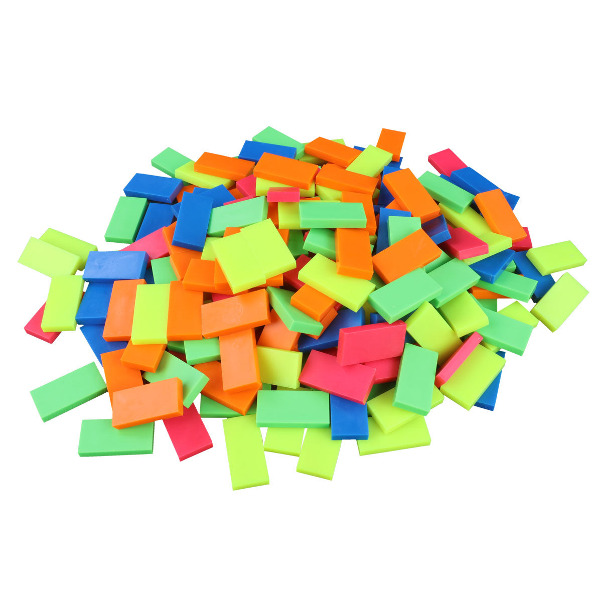 Bulk Dominoes Neon Mix Pro Dominoes from Atwood Toys, a vibrant pile of neon blue, orange, pink, green, and yellow full-weight toppling dominoes for chain reactions and domino art.