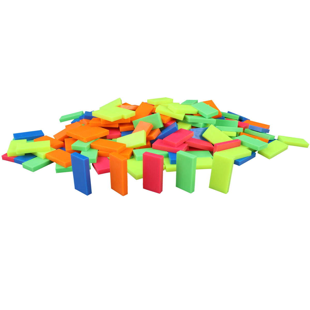 Side view of Bulk Dominoes Neon Mix Pro Dominoes from Atwood Toys, scattered neon blue, orange, pink, green, and yellow full-weight toppling dominoes ready for chain reactions and domino art.