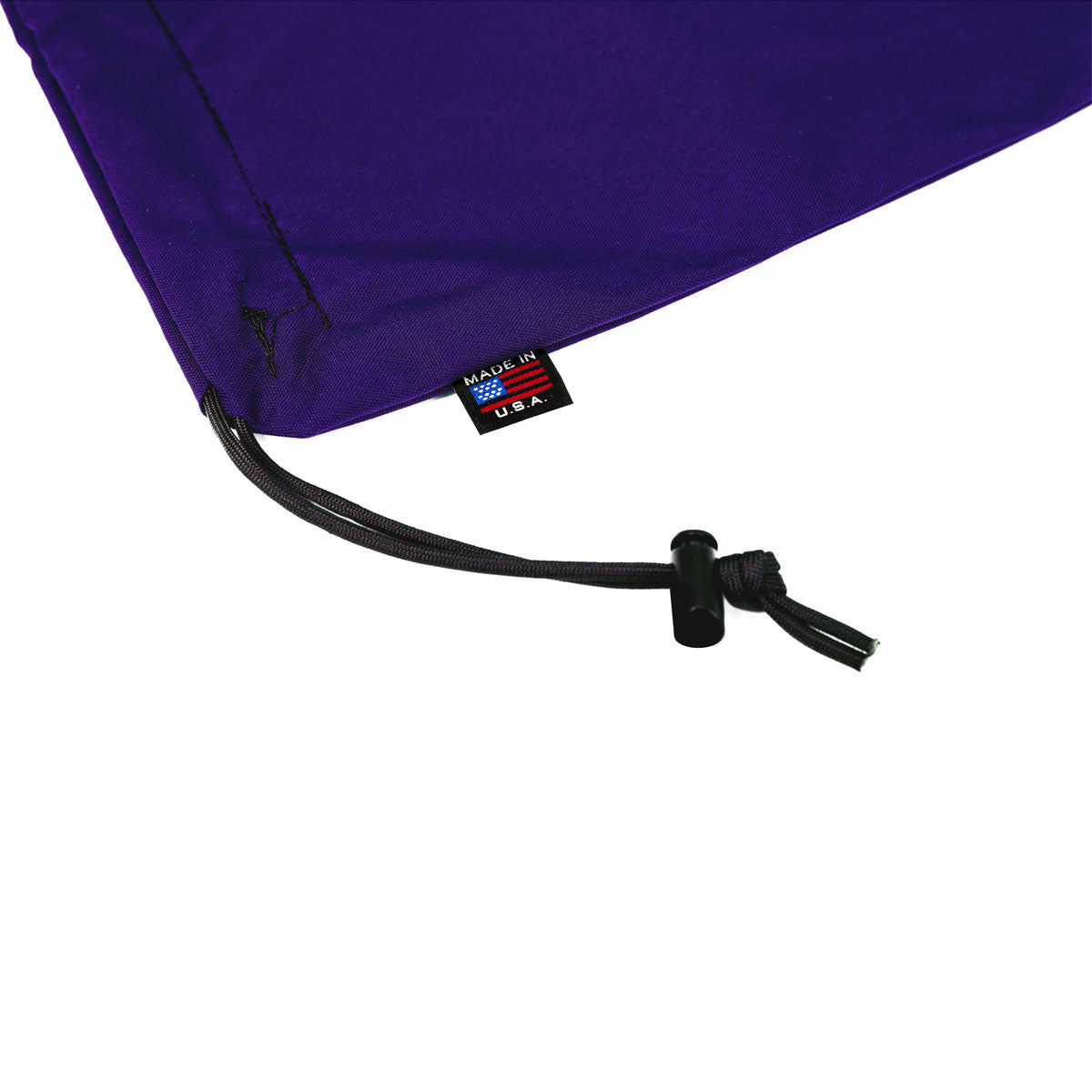 Bulk Dominoes Purple canvas storage bag close-up showing drawstring cord lock and Made in USA tag