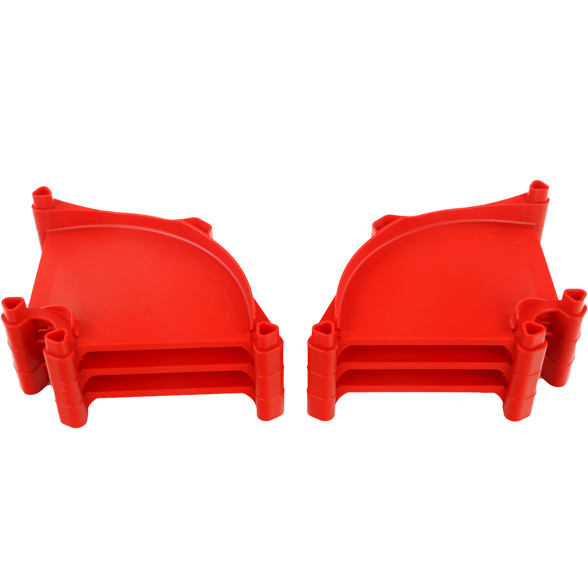 Impact Marble Racing red left turn and right turn track pieces shown side by side from the front, displaying the curved racing surface, support rails underneath, and press-fit connection points