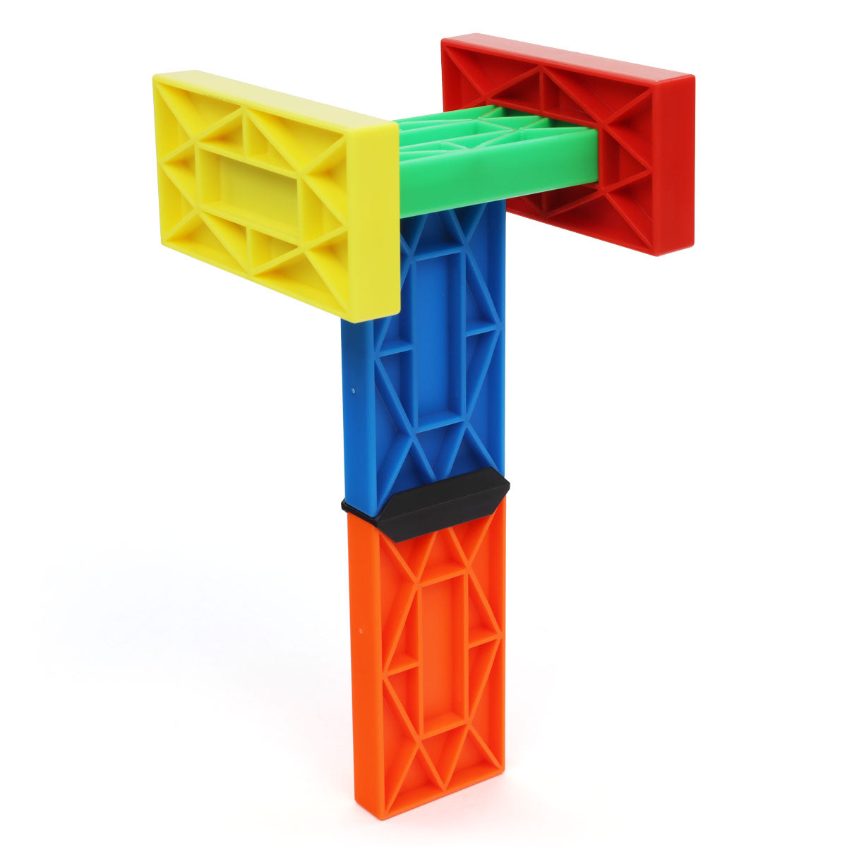 Simple T-shaped structure built from yellow, red, green, blue, and orange Blokix building blocks, showing how the large interlocking pieces connect