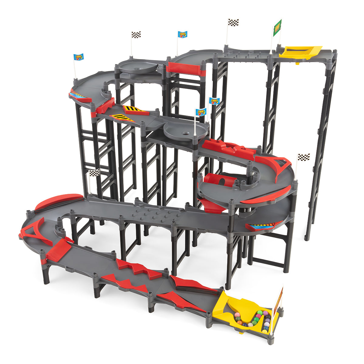 IMR Speedway Redline fully assembled multi-lane marble racing track with spiral sections, curved dividers, and starting block with marbles loaded