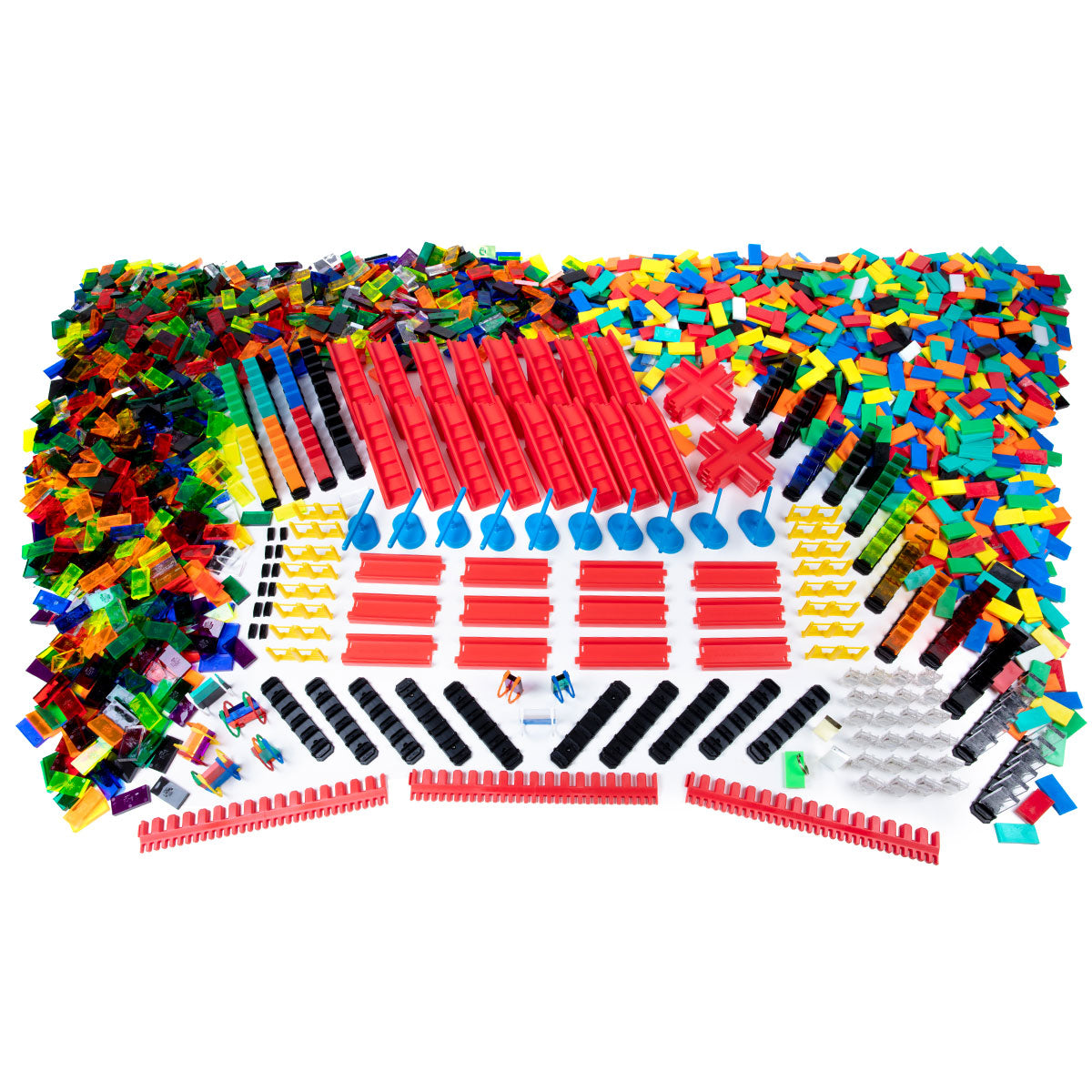 Atwood Toys Bulk Dominoes Super Mega Kit, complete domino toppling set with multi-color and clear dominoes, red rapid tracks, blue spinners, bridges, and accessories arranged top-down