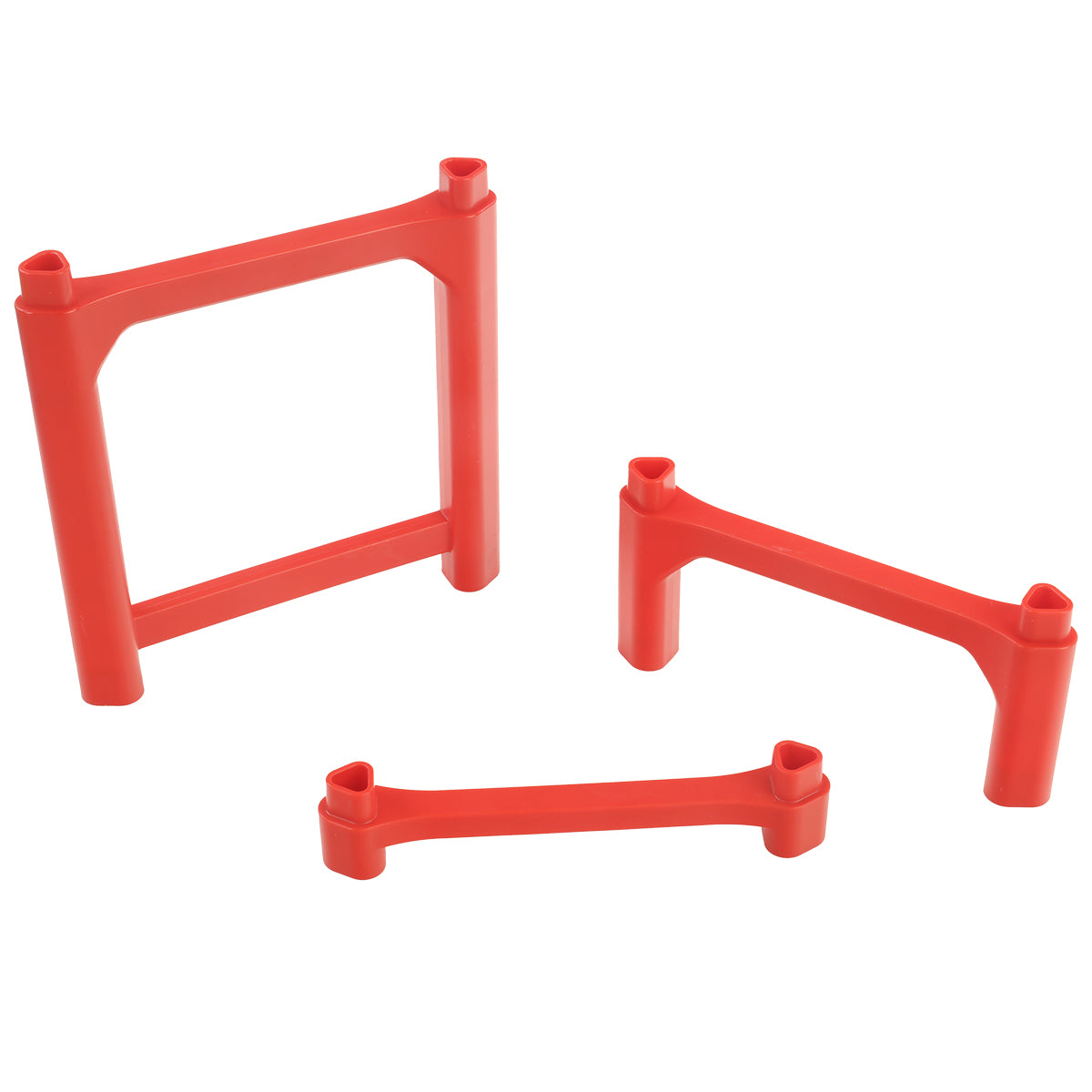 Three individual Impact Marble Racing support posts in red showing each size included in Pack A: 1-high, 3-high, and 7-high