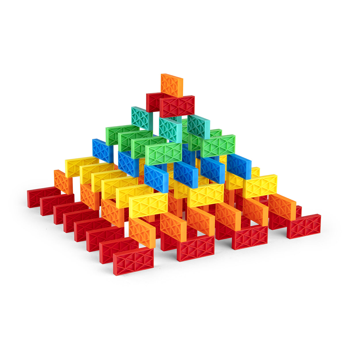 Rainbow 3D pyramid built from Bulk Dominoes Kinetic Dominoes featuring red, orange, yellow, green, blue, and teal pieces, showing advanced domino art techniques.