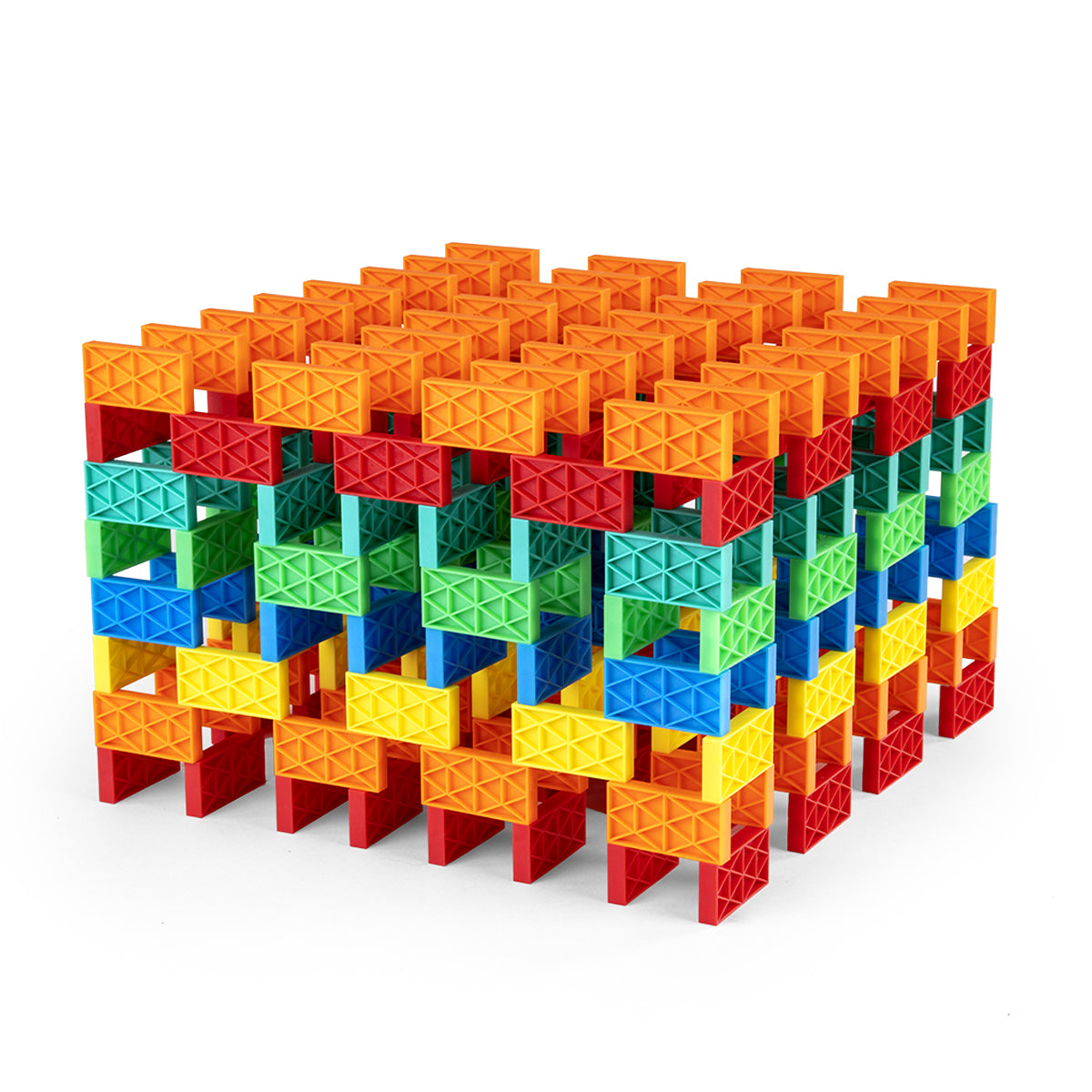 Large 3D cube structure built from rainbow Bulk Dominoes Kinetic Dominoes in red, orange, yellow, green, blue, and teal, showcasing advanced kinetic domino architecture.