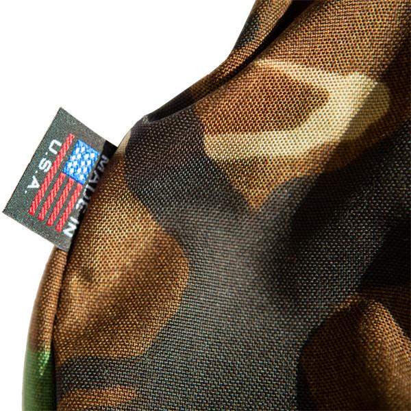 Bulk Dominoes Camouflage canvas storage bag close-up showing fabric texture and Made in USA tag