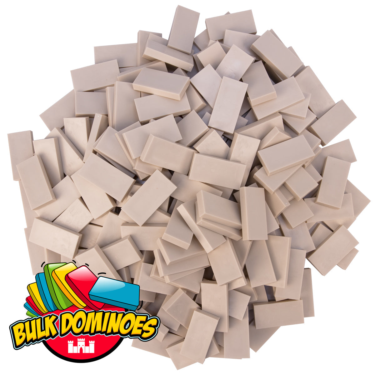 Bulk Dominoes closeout dominoes pile showing a single-color cream lot of Pro Dominoes with Bulk Dominoes logo