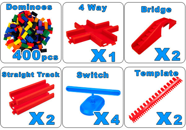Bulk Dominoes Expert Kit packing infographic showing 400 Pro Dominoes, 1 four-way connector, 2 red bridges, 2 red straight tracks, 4 blue domino spinners, and 2 red kinetic speed templates.