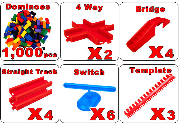 Bulk Dominoes Master Builder Kit contents infographic showing 1,000 dominoes, 2 four-way splitters, 4 bridges, 4 straight tracks, 6 spinners, and 3 templates with images of each accessory