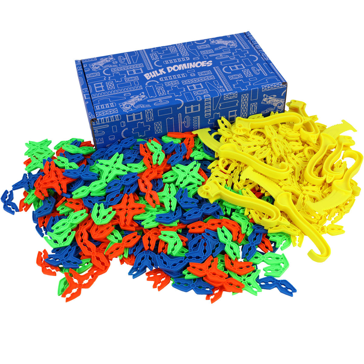 Box Lox Deluxe Party Pack multi-color cardboard building clips from Atwood Toys, 80 blue, green, and orange connectors with extra yellow deluxe pieces and the retail box.