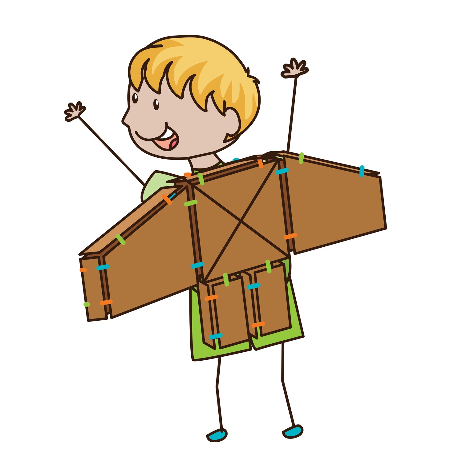 Atwood Toys Box Lox Neon Green cardboard jetpack wearable build worn by a smiling child, secured with colorful clips