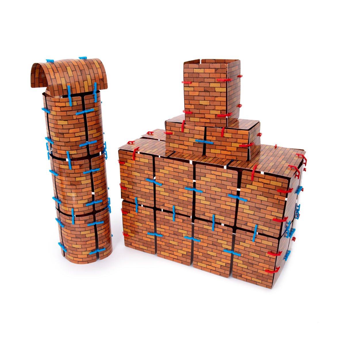 Brick City Building Cards assembled with red and blue Card Clips into a tall brick tower and a stepped brick chimney structure.