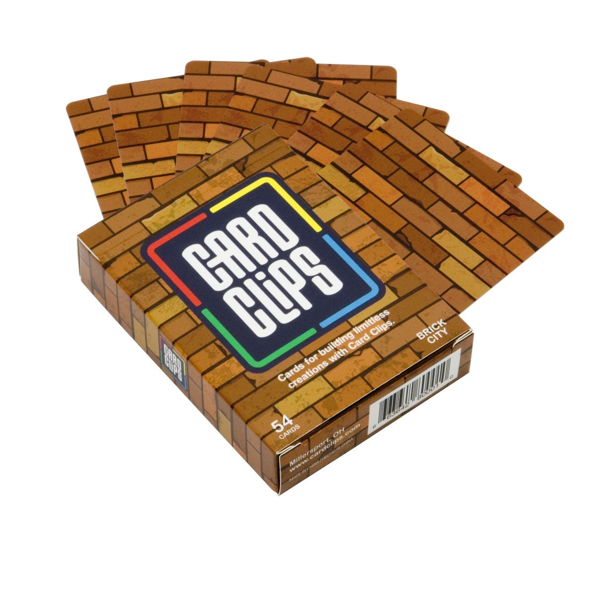 A fan of brick-pattern Building Cards spread from the Brick City Card Clips deck box for building brick walls, towers, and 3D structures.