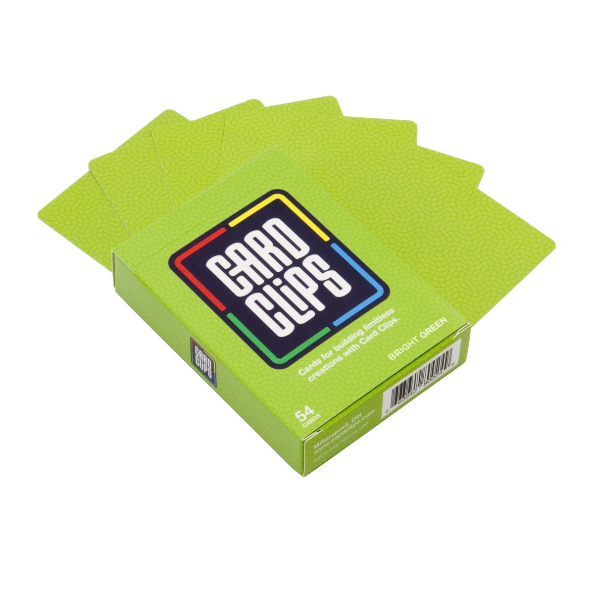 Atwood Toys Earth Building Cards in Bright Green, a 54-card deck shown fanned beside the matching Card Clips box for card construction building sets.